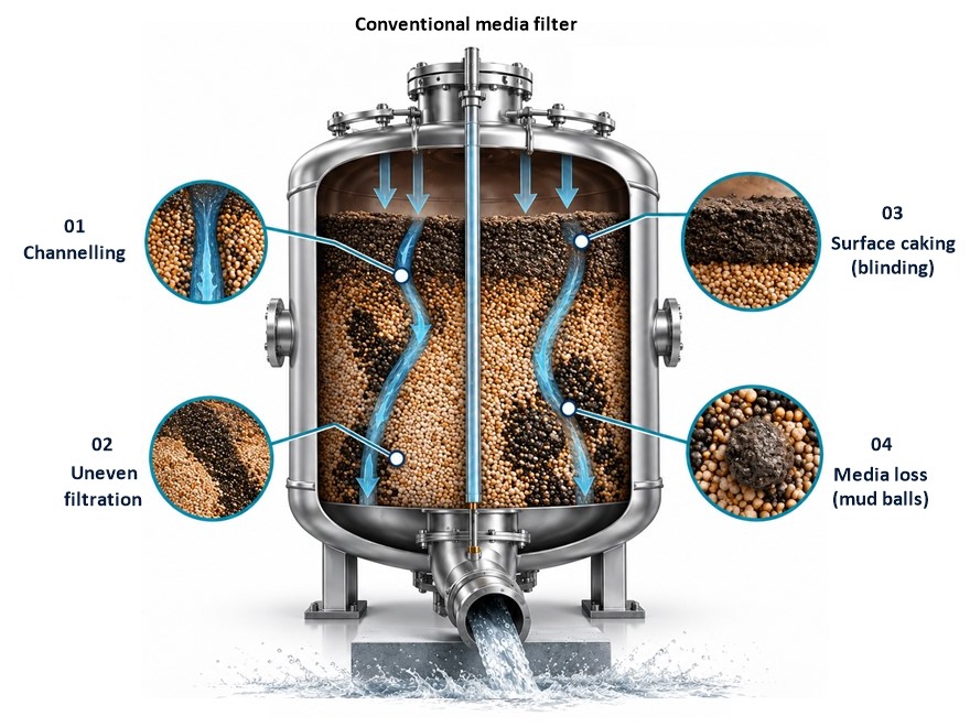 Cutaway of a conventional media filter showing the four problems: 01 Channelling, 02 Uneven filtration, 03 Surface caking (blinding), 04 Media loss (mud balls)